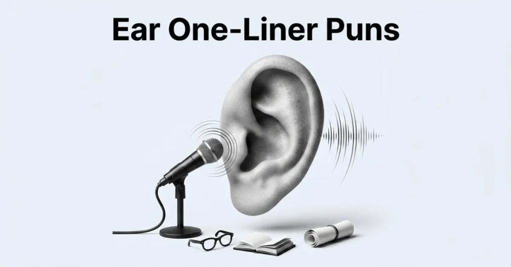 Monochrome editorial banner featuring a large, realistic human ear in the center, positioning a microphone next to it with subtle soundwaves emanating from both sides. Small desk props including prescription glasses, an open notebook, and a rolled-up document sit below, with bold headline text reading "Ear One-Liner Puns.