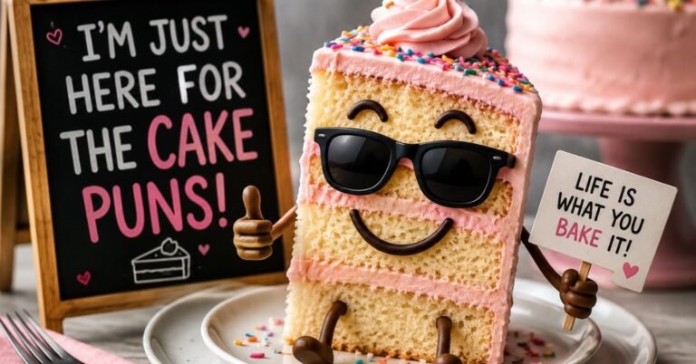 A colorful assortment of decorated cakes with funny cake-themed puns, perfect for birthdays, weddings, parties, and every sweet occasion.