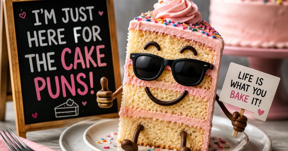A colorful assortment of decorated cakes with funny cake-themed puns, perfect for birthdays, weddings, parties, and every sweet occasion.