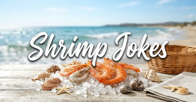 Hilarious Shrimp Jokes black and white graphic illustration on a light gray background.