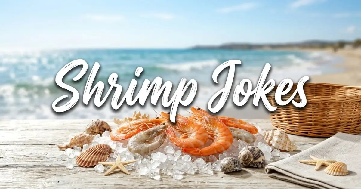 Hilarious Shrimp Jokes black and white graphic illustration on a light gray background.