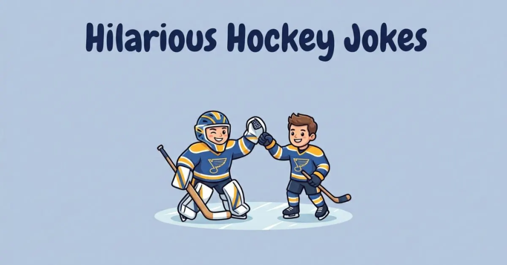 Two cute cartoon St. Louis Blues hockey players high-five on the ice under the text 'Hilarious Hockey Jokes.