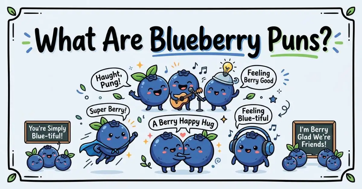 A playful graphic titled 'What Are Blueberry Puns?' featuring cute animated blueberry characters sharing fruit-themed jokes and puns with speech bubbles on a light background.