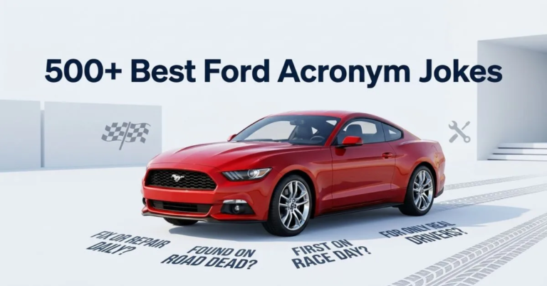 A red modern Ford Mustang parked in a sleek white studio under the title '500+ Best Ford Acronym Jokes' with humorous acronym texts printed on the ground.