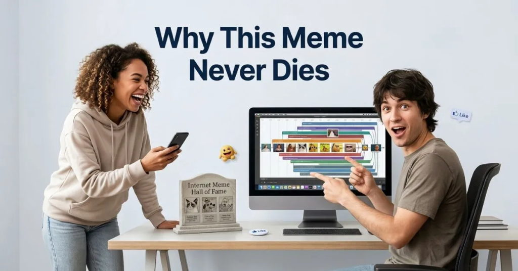 Two people in a modern office smiling at a computer screen showing internet memes, under the headline 'Why This Meme Never Dies