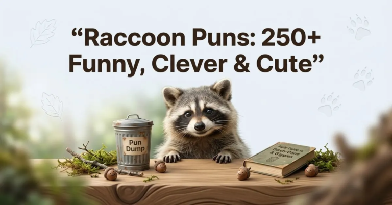 A cute realistic raccoon resting its paws on a wooden surface next to a miniature trash can labeled 'Pun Dump' under the headline 'Raccoon Puns: 250+ Funny, Clever & Cute