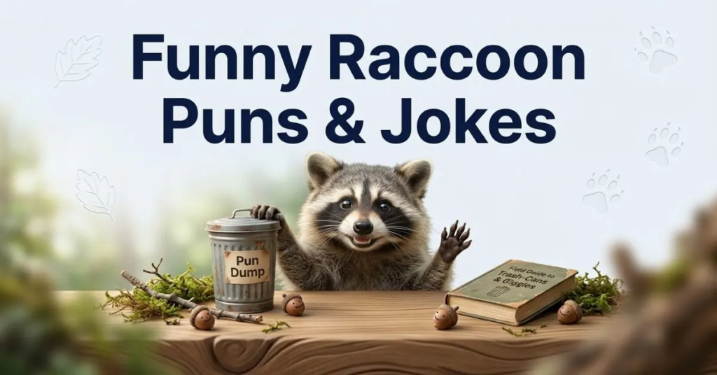 A realistic raccoon waving its paw next to a small trash can labeled 'Pun Dump' under the headline 'Funny Raccoon Puns & Jokes