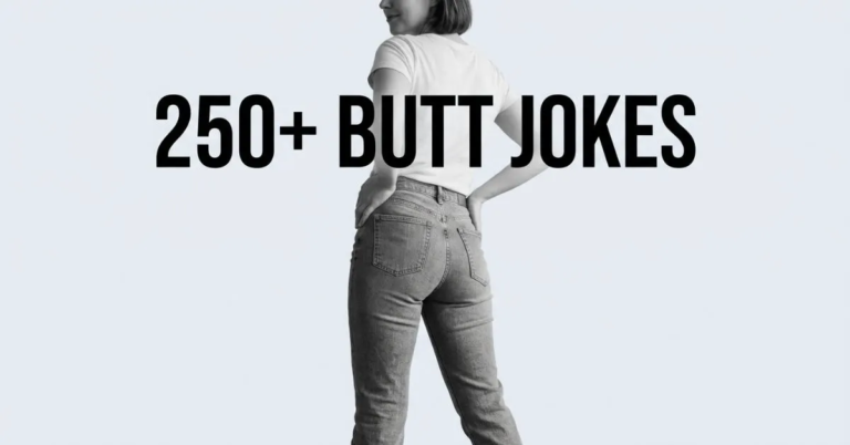 Monochrome studio photo of a person seen from behind wearing casual jeans with hands on hips, overlayed with bold black text reading "Best Butt Jokes" against a solid light gray background.