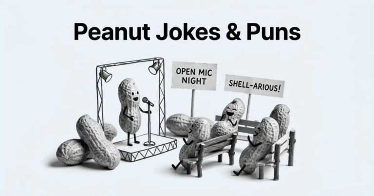 Monochrome photo featuring peanuts in shells set up in a stand-up comedy scene on a light gray background with bold black text reading Peanut Jokes & Puns.