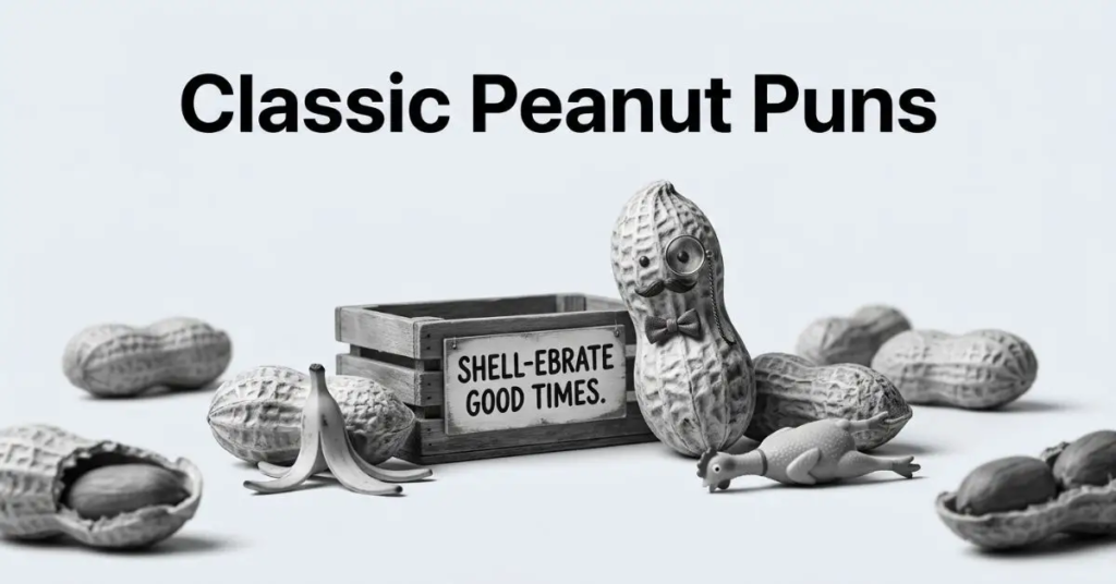 Black and white editorial photo of peanuts in shells styled with vintage comedy props and a wooden crate, with bold black text reading Classic Peanut Puns.