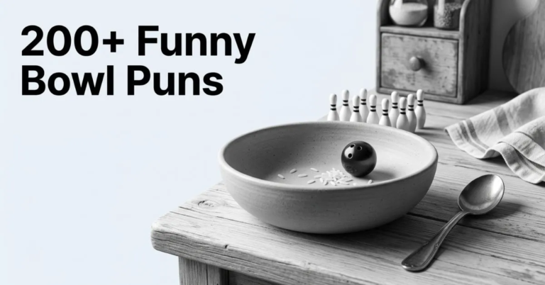 Ek black and white tasveer jis mein ek purane lakdi ke tez par ek bada pyala rakha hai. Pyale ke andar chawal aur ek choti bowling ball hai. Background mein chote bowling pins hain aur upar text likha hai: "200+ Funny Bowl Puns