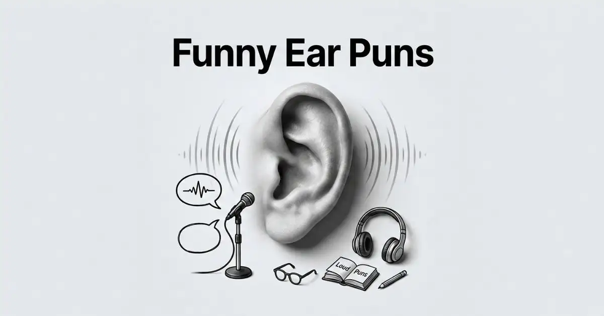 Monochrome editorial header featuring a realistic human ear at the center surrounded by graphic soundwaves and speech bubbles. Miniature black-and-white props—a microphone, headphones, glasses, a pencil, and an open book labeled "Loud Puns"—are arranged below, topped with bold text reading "Funny Ear Puns.