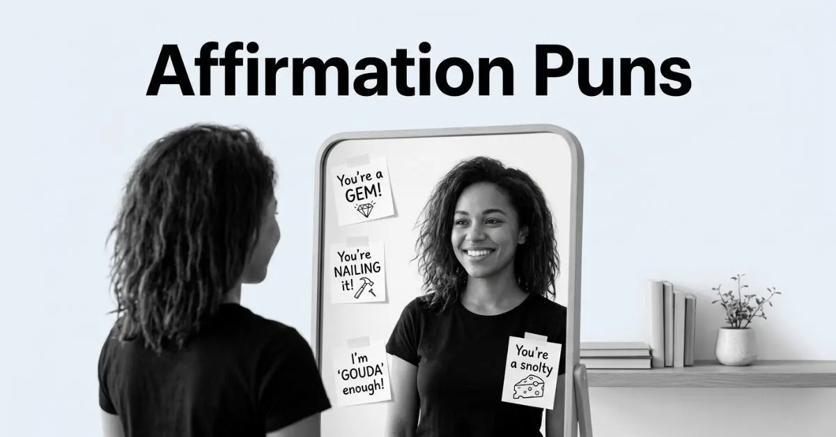 **Option 1 (Descriptive & Detailed):** > Monochrome editorial blog header featuring a woman smiling at her reflection in a standing mirror taped with witty sticky notes like "You're a GEM!" and "You're NAILING it!". Clean minimalist background with bold headline text reading "Affirmation Puns." **Option 2 (Short & Direct):** > Black-and-white photo of a smiling woman looking in a mirror covered in positive pun notes, titled "Affirmation Puns." **Option 3 (SEO-Focused):** > Conceptual monochrome header image for self-care humor, featuring sticky note affirmation puns on a mirror and bold text reading "Affirmation Puns.
