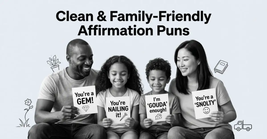 Monochrome editorial blog header image featuring a row of diverse children laughing happily while wearing headphones or playfully covering their ears. Visual soundwave graphics frame the children, topped with bold black headline text reading "Funny Ear Puns for Kids.