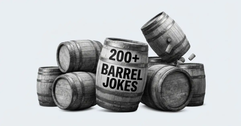 A monochrome featured blog image titled "200+ Barrel Jokes" on a light gray background, displaying a playful heap of realistic wooden oak barrels with corks popping off.