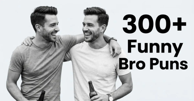 A black and white blog banner titled "300+ Funny Bro Puns" featuring two adult male best friends laughing arm-in-arm in casual t-shirts against a solid light gray background.