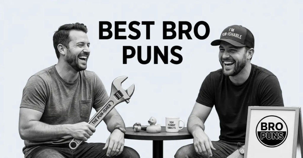 A black and white section header image titled "Best Bro Puns" showing two adult male friends sitting at a table laughing together with funny props in a casual setting.