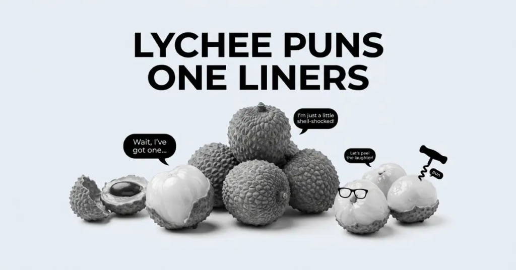 A monochrome section image titled "Lychee Puns One Liners" featuring an arrangement of textured lychee fruits with funny speech bubbles and glasses against a light background.