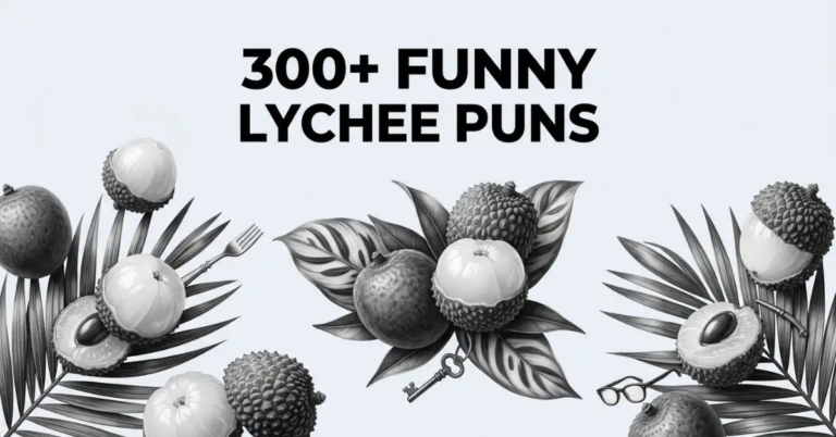 A black and white food photography blog banner titled "300+ Funny Lychee Puns" displaying fresh peeled and whole lychees arranged with tropical palm leaves.