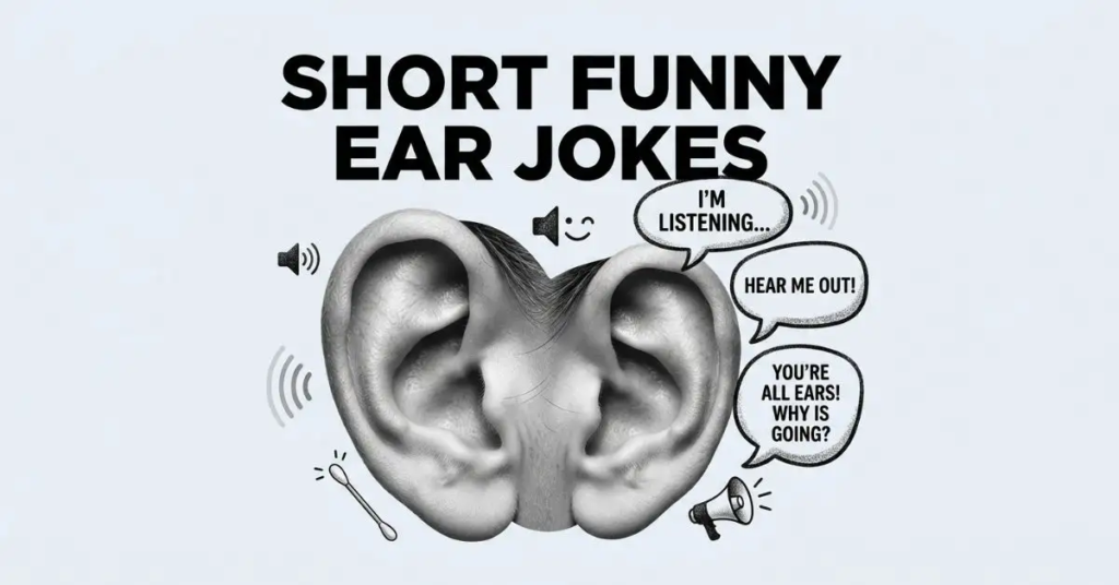 A monochrome section image titled "Short Funny Ear Jokes" featuring a close-up of human ears flanked by sound wave icons and humorous speech bubbles.