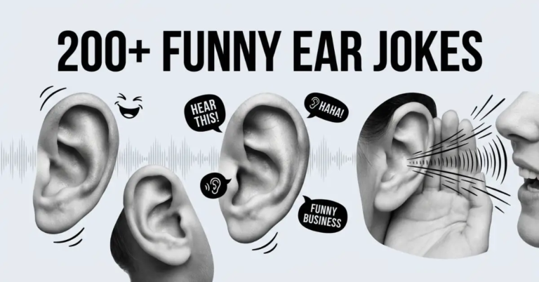 A black and white featured image titled "200+ Funny Ear Jokes" showing a collage of realistic human ears, sound waves, and speech bubbles on a clean gray background.