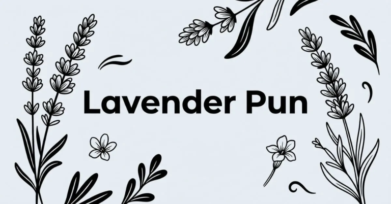 Minimalist black-and-white blog featured image with a solid light gray (#EDF2F7) background, featuring elegant hand-drawn lavender stems and botanical accents surrounding the bold centered title "Lavender Pun