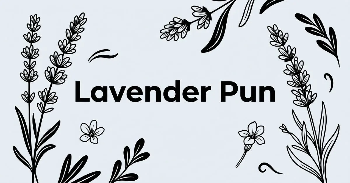 Minimalist black-and-white blog featured image with a solid light gray (#EDF2F7) background, featuring elegant hand-drawn lavender stems and botanical accents surrounding the bold centered title "Lavender Pun