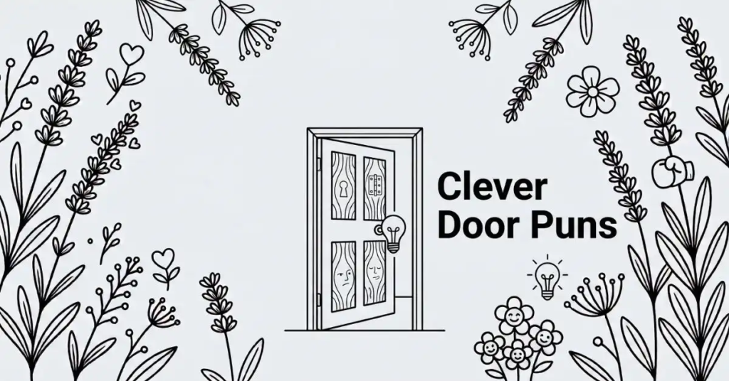 Minimalist black-and-white image featuring a cartoon open door with a cheerful doorknob and decorative floral elements, displaying the title "Door Puns One-Liners" in bold, modern text on a solid #EDF2F7 background