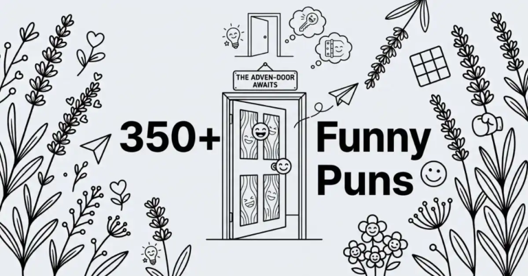 Humorous SEO blog thumbnail on a solid light gray (#EDF2F7) background, featuring a line art illustration of an open wooden door with expressive smiley faces and botanical details, alongside the bold title "350+ Funny Door Puns