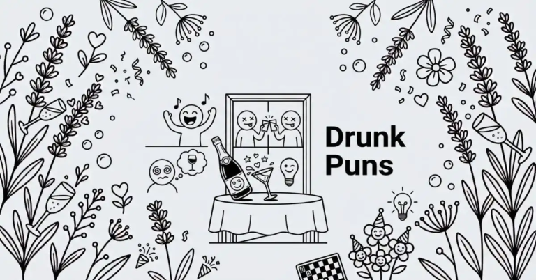 Tasteful black-and-white party-themed blog thumbnail featuring line art of a champagne bottle, cocktail glass, and celebratory doodles, with the bold title "Drunk Puns" on a light gray (#EDF2F7) background