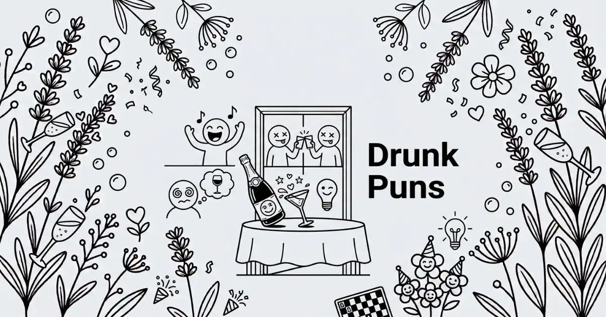 Tasteful black-and-white party-themed blog thumbnail featuring line art of a champagne bottle, cocktail glass, and celebratory doodles, with the bold title "Drunk Puns" on a light gray (#EDF2F7) background