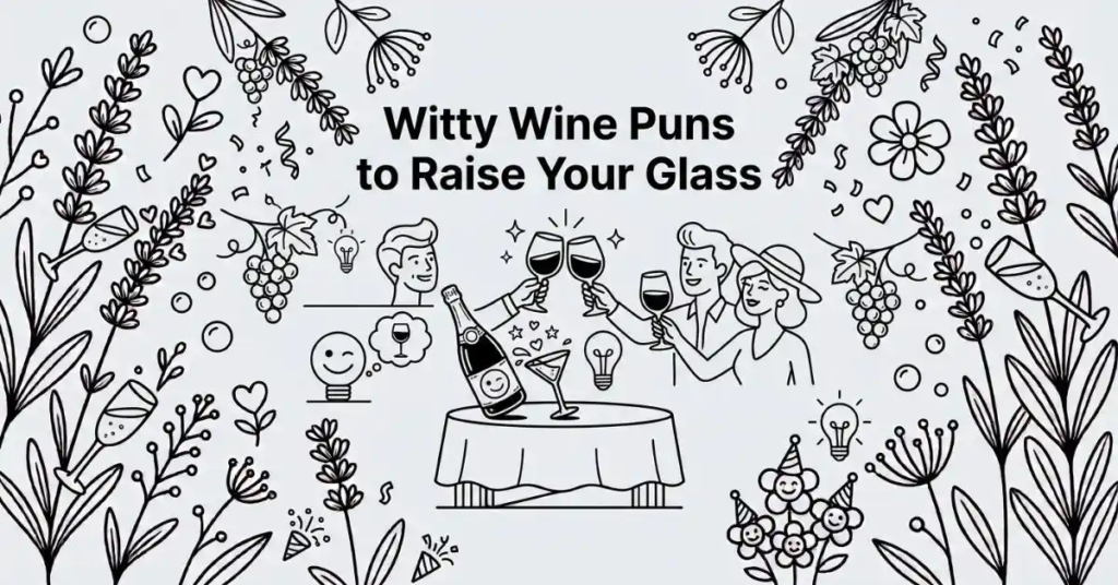 Sophisticated black-and-white blog banner showing line drawings of people toasting with wine glasses, a wine bottle, and floral accents, featuring the exact title "Witty Wine Puns to Raise Your Glass" on a solid #EDF2F7 background.