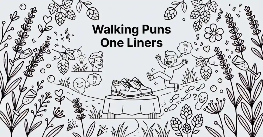 Minimalist black-and-white thumbnail illustration showing a pair of sneakers, a cheerful walking figure, and footprint trails, featuring the centered title "Walking Puns One Liners" on a light gray (#EDF2F7) background.