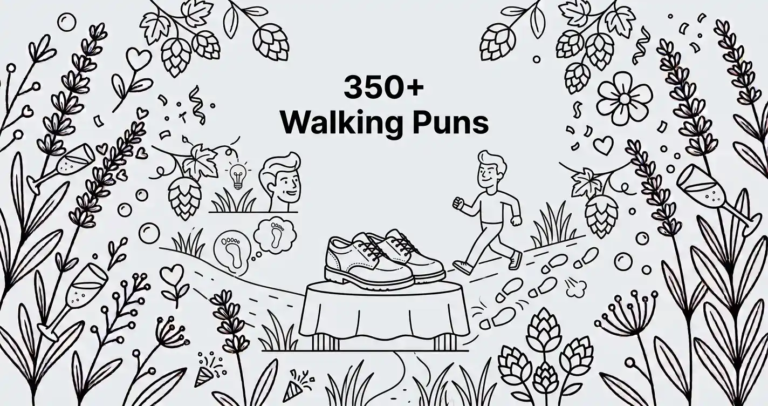 Playful black-and-white blog featured image featuring line art of walking shoes, a trail of footprints, and a walking character, accompanied by the bold text "350+ Walking Puns" on a solid #EDF2F7 background.