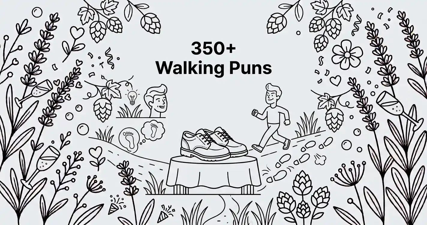 Playful black-and-white blog featured image featuring line art of walking shoes, a trail of footprints, and a walking character, accompanied by the bold text "350+ Walking Puns" on a solid #EDF2F7 background.