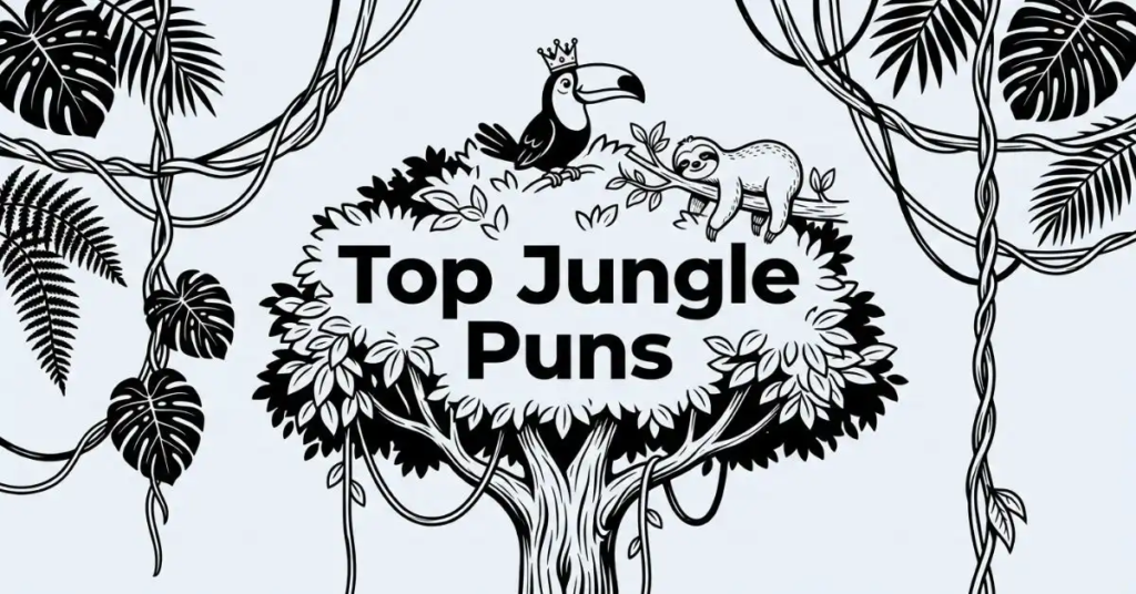 Black and white illustration of a jungle treetop scene featuring a toucan wearing a tiny crown and a sloth lounging on a branch above the text "Top Jungle Puns" on a light grey background.