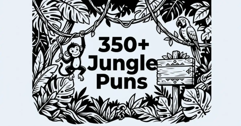 Black and white jungle-themed blog featured image with oversized tropical leaves, a monkey hanging from a vine, a parrot on a branch, and a wooden signpost framing the text "350+ Jungle Puns" on a light grey background.