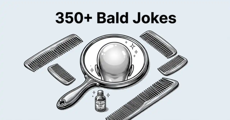 Black and white barber-shop themed illustration featuring a hand mirror reflecting a shiny bald head, surrounded by combs and a hair-growth tonic bottle below the title "350+ Bald Jokes.