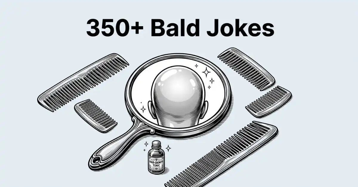 Black and white barber-shop themed illustration featuring a hand mirror reflecting a shiny bald head, surrounded by combs and a hair-growth tonic bottle below the title "350+ Bald Jokes.