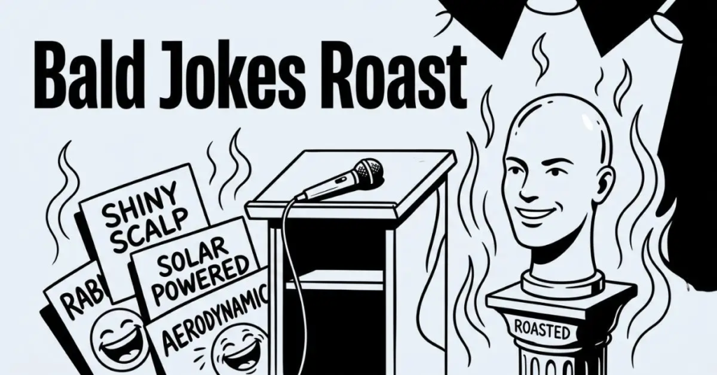 Black and white comedy roast scene showing a bald mannequin head on a pedestal surrounded by stylized flames, a podium with a microphone, and cue cards under the bold title "Bald Jokes Roast.
