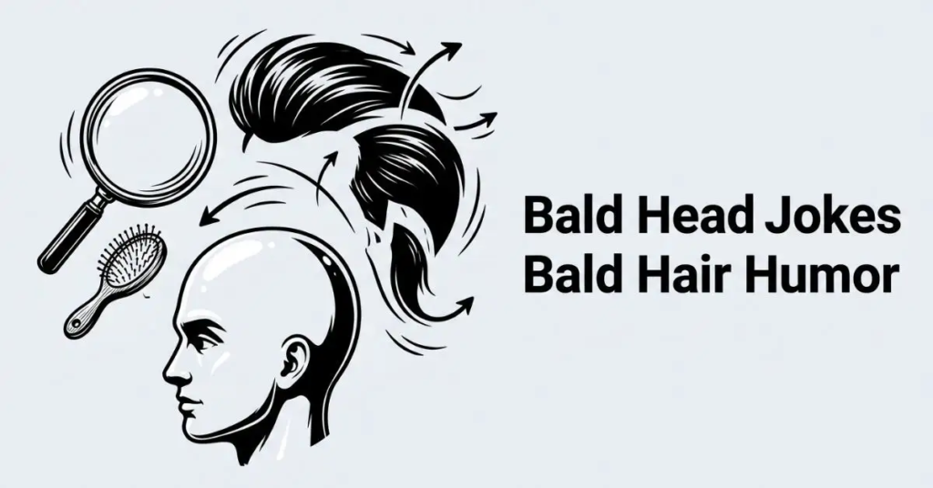 Black and white surreal illustration of a shiny bald head, oversized floating hair strands, an empty hairbrush, and a magnifying glass with the title "Bald Head Jokes Bald Hair Humor.