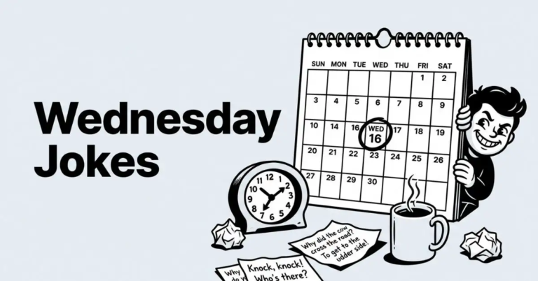 Black and white illustration of a wall calendar with Wednesday circled, a desk clock, coffee mug, scattered joke notes, and a mischievous character peeking from behind the calendar next to the title text "Wednesday Jokes.