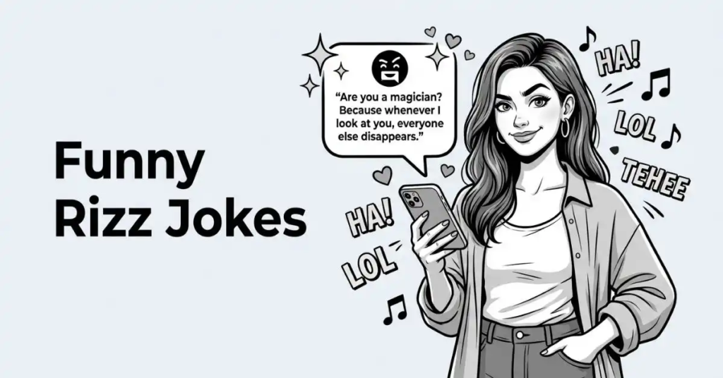 Black and white artwork of a stylish woman holding a smartphone with a flirting speech bubble and charm sparkles around her beside the title "Funny Rizz Jokes.