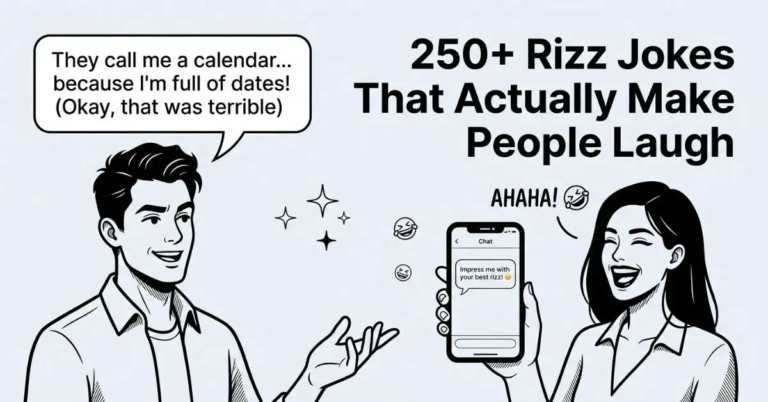 Black and white illustration of a man and woman exchanging playful flirting speech bubbles and laughing while holding a smartphone next to the title "250+ Rizz Jokes That Actually Make People Laugh.