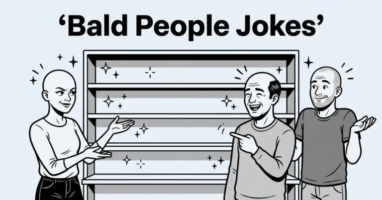 Black and white illustration on a light gray background featuring three diverse bald adults with expressive faces posing around a giant, empty hair-product shelf surrounded by sparkle marks, with the title "Bald People Jokes" displayed prominently at the top.