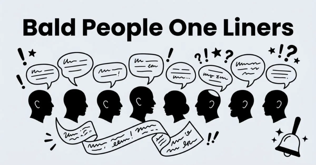 Minimalist black and white graphic showing a horizontal row of bald adult head silhouettes, each with a speech bubble filled with scribbled text above it, a curling paper scroll at the bottom, and a small punchline bell beside the title "Bald People One Liners".