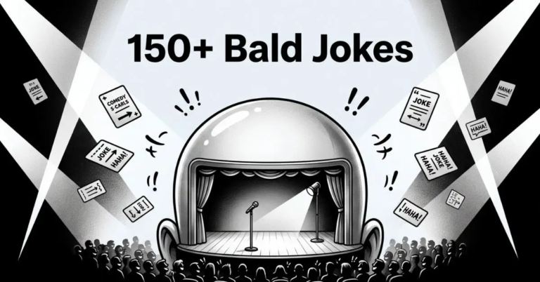 Creative black and white artwork featuring a large shiny bald head rendered as a miniature theater stage under dramatic spotlights, with a tiny audience laughing below and floating joke cards surrounding the title "150+ Bald Jokes.
