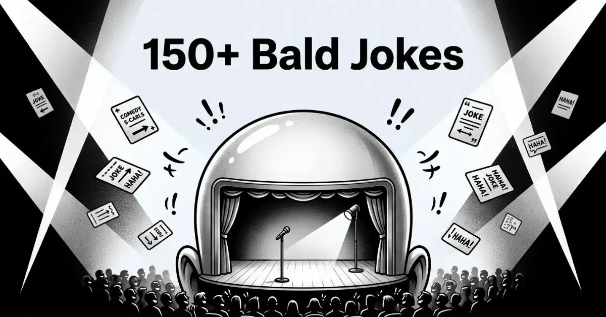 Creative black and white artwork featuring a large shiny bald head rendered as a miniature theater stage under dramatic spotlights, with a tiny audience laughing below and floating joke cards surrounding the title "150+ Bald Jokes.