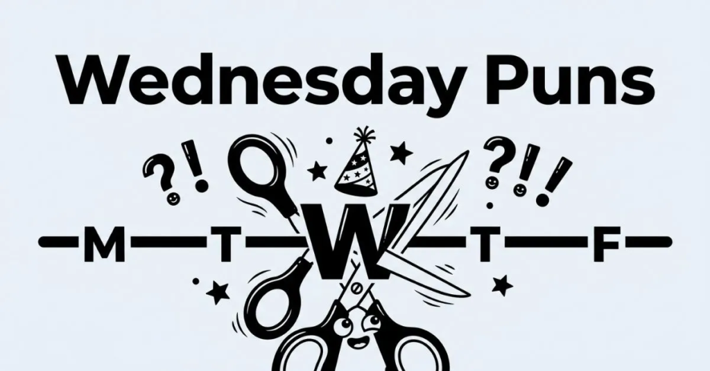 Clever black and white design showing a large pair of scissors with a smiling face cutting through a line of weekday letters ("M T W T F") right at the letter "W", adorned with a party hat and floating question marks under the title "Wednesday Puns.