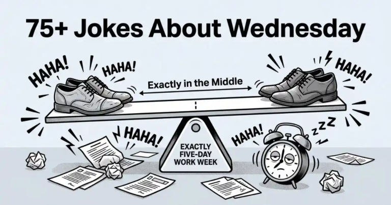 Midweek office comedy illustration in black and white showing a giant seesaw balancing two dress shoes on a pivot labeled "EXACTLY FIVE-DAY WORK WEEK", with crumpled papers and a sleepy alarm clock under the text "75+ Jokes About Wednesday.